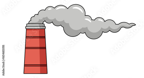 Illustration of a factory chimney emitting thick gray smoke into the sky with a minimalistic design and simple color scheme for environmental impact
