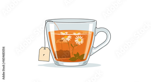 Delicate herbal infusions in a transparent glass teacup showcasing blooming chamomile flowers floating in warm tea