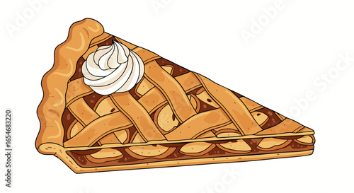 Delicious classic apple pie with golden crust and creamy whipped topping served as a comforting dessert treat