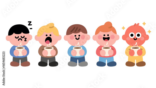 Five cartoon characters, each holding a warm beverage, display varied emotions.
