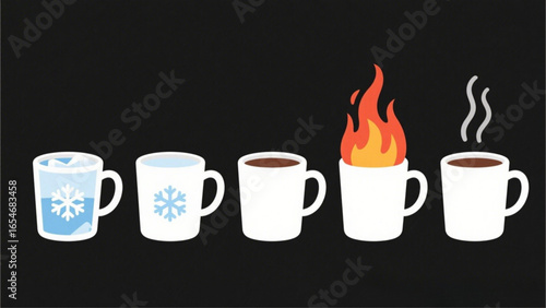 A series of mugs illustrate temperature changes, from icy cold to burning hot, with steam.