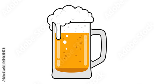 Cartoon-style illustration of a frothy mug of beer with vibrant orange hue and playful bubbles appearing in a minimalistic design perfect for fun