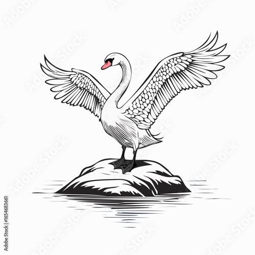 Vászonkép Swan Standing on a Rock Spreading Its Wings in the Middle of a River Vector on white background