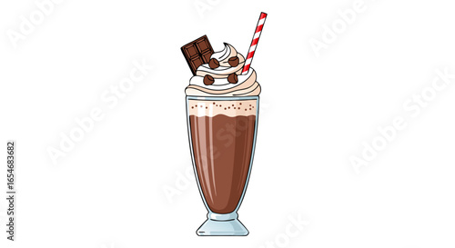 Deliciously Sweet Chocolate Mocha Milkshake with Toppings and Straw in a Tall Glass