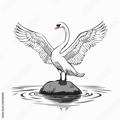 Tableau sur toile Swan Standing on a Rock Spreading Its Wings in the Middle of a River Vector on white background