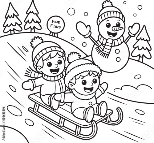Children sledding downhill with snowman waving winter