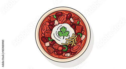 Authentic spicy bowl of traditional homemade chili con carne with fresh herbs and savory ingredients in a ceramic dish