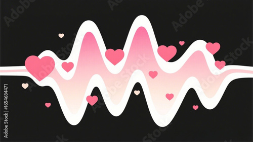 Abstract illustration of a pink wave with hearts floating around it on a dark background.
