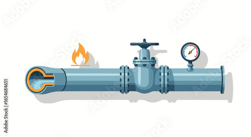 Illustration of a fire-responsive pipeline system with a pressure gauge and emergency valve highlighting industrial safety features and fluid