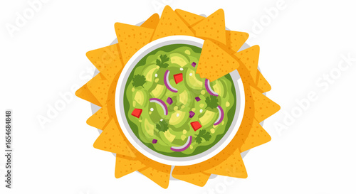 Delicious bowl of fresh guacamole surrounded by crunchy tortilla chips perfect for snack time and party appetizers with vibrant ingredients