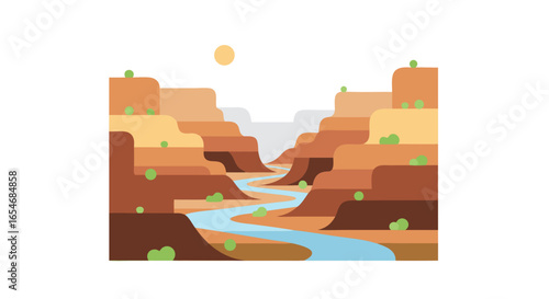 Minimalist Illustration of a Serene Canyon with Flowing River and Soft Sunlight Over Geological Formation Landscape