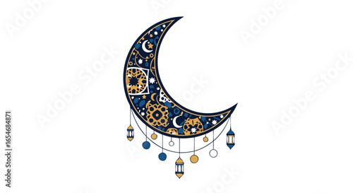 Illustration of a Crescent Moon Adorned with Mechanical Gears and Hanging Lanterns representing celestial machinery and nighttime decorative elements
