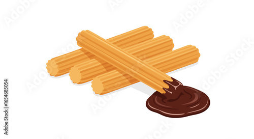 Illustration of crispy fried churros dipped in rich chocolate sauce served as a sweet snack or dessert treat