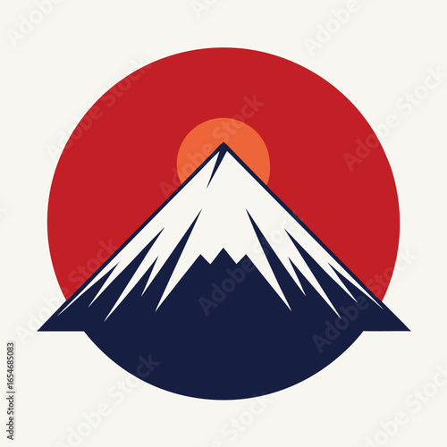 Minimalist graphic design of mount fuji with rising sun in circle for scalable vector illustration eps white background