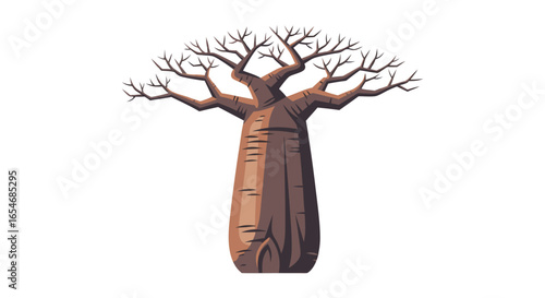 Illustration of an imposing, leafless tree with thick trunk and sprawling bare branches set against a plain background emphasizing its grandeur and