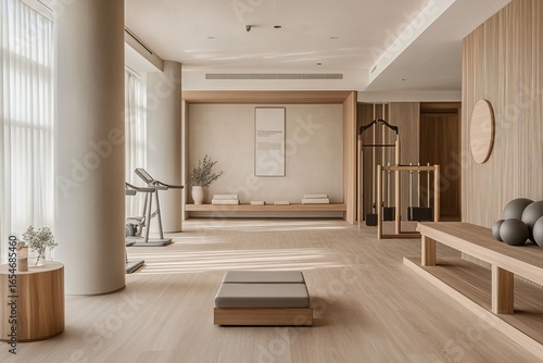 A bright  spacious gym with Scandinavian simplicity  featuring soft pastel accents  sleek workout machines  and a polished wooden floor for a luxury wellness vibe