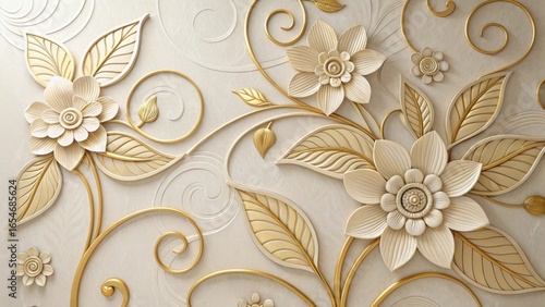 Elegant 3d embossed floral relief decoration with gold accents