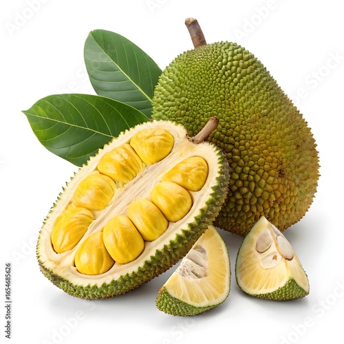 Cempedak Nangka Golden-Yellow Tropical Fruits with Spiky Textured Skin on Crisp White Background, Minimal Still Life Highlighting the Exotic Vibrant Appeal of Southeast Asian Produce