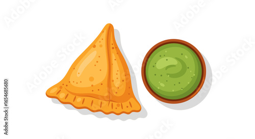 Illustration of a golden samosa with a side of vibrant green chutney showcasing Indian snack culture in a minimalistic style suitable for culinary