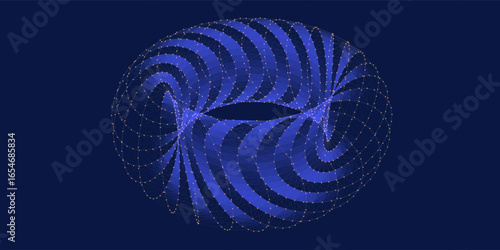 3D grid polygonale torus from blue elips in dark cyberspace.  Digital concept scientific, technology and computing. Quantum model computing of yellow data dots.
