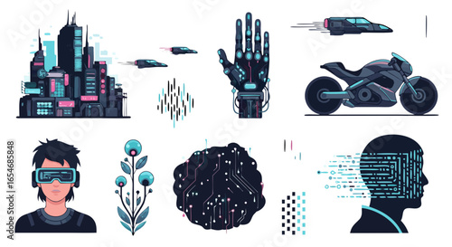 Futuristic cybernetic cityscape with advanced technology and digital human interfaces illustrating a high-tech urban environment and innovation in