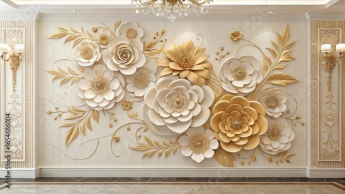 Elegant 3d floral relief decoration with gold and white accents