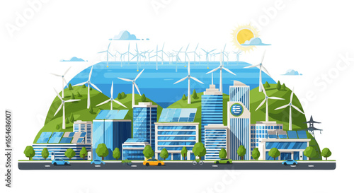 Sustainable urban landscape with renewable energy sources featuring clean technology and eco-friendly infrastructure in a modern city setting