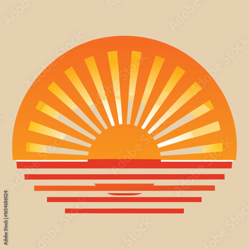 Minimalist vector illustration of a setting sun reflecting on water with warm orange and yellow hues white background