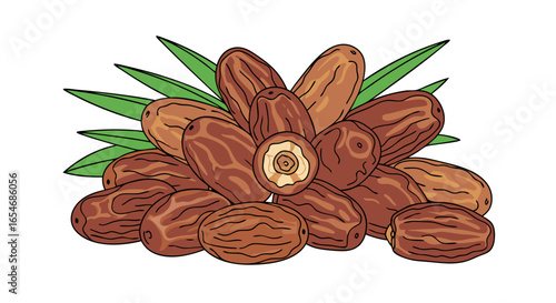 Illustration of a Cluster of Freshly Harvested dates with Green Leaves for Culinary and Nutritional Use
