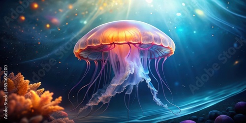 A mesmerizing jellyfish gracefully floats in a vibrant underwater scene, illuminated by ethereal light rays penetrating the deep ocean, surrounded by colorful coral and smooth stones.