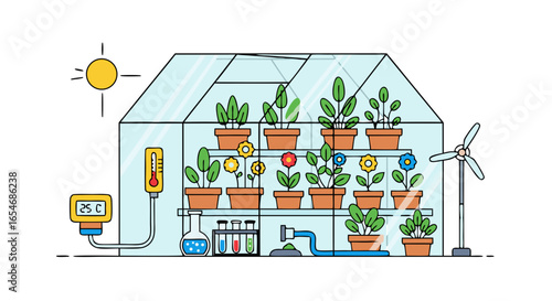 Innovative greenhouse with solar power and controlled environment supporting a variety of thriving potted plants and integrated irrigation system in