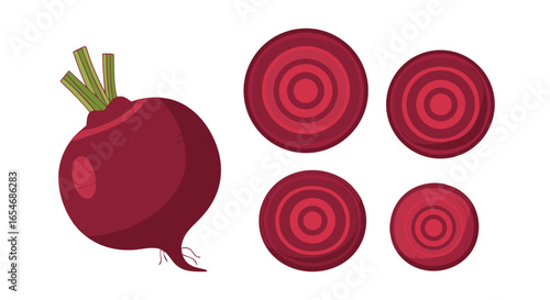 Illustration of a fresh beetroot with cross-section slices displaying vibrant red interior and green leafy stems on a white background