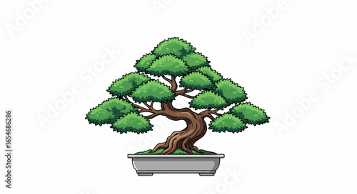 Artistic illustration of a meticulously shaped bonsai tree with lush green foliage and gnarled trunk in a decorative pot showcasing gardening mastery