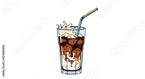 Illustration of a tall glass filled with ice cubes, dark soda, cream, and a playful straw featuring splashes and bubbles emphasizing refreshment and