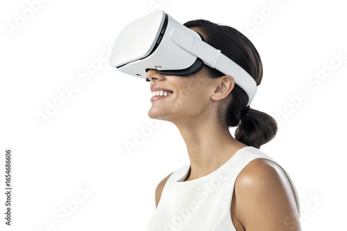 Person with tied-back hair wearing white VR headset – Immersive gaze in virtual realm, Technology, Abstract, virtual reality, simulation, experience, innovation