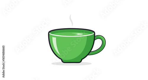 Minimalist Illustration of a Warm Green Coffee Mug Emitting Steam on a White Background