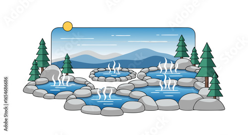 Serene hot spring surrounded by lush pine trees with distant mountains and a calm sky creating a tranquil natural setting perfect for relaxation