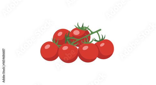 Fresh cluster of ripe red tomatoes with green vine on a clean white background showcasing their vibrant colors and plump texture ideal for culinary