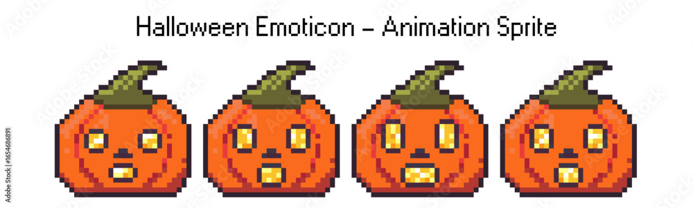 Obraz premium Pixel art set with shocked pumpkin face emoticon, retro 8bit halloween character icons, cute video arcade game avatar sprite, vintage digital feeling expression. 2d Chat sticker for animation.