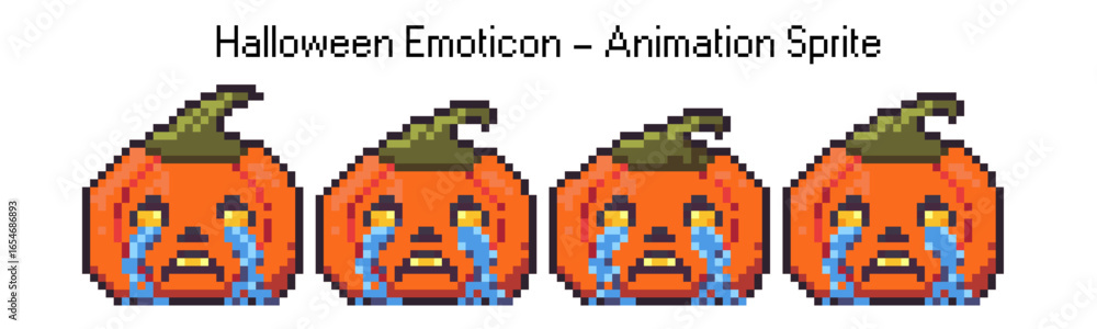 Obraz premium Sad Halloween pumpkin character pixel art vector. Cry emotion expression for game or sticker. Chat avatar with feeling and mood in creative style. 2d video gif animation sprite 8bit element.
