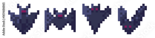 Pixel bat in retro 8bit halloween style with cute vampire face and wings, spooky cartoon animal character for game, dark arcade graphic with scary emotion, fantasy night background in digital art.