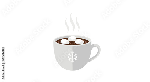 Cozy winter hot chocolate mug with marshmallows and steaming warm beverage in a festive snowflake decorated cup