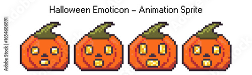 Pixel art set with shocked pumpkin face emoticon, retro 8bit halloween character icons, cute video arcade game avatar sprite, vintage digital feeling expression. 2d Chat sticker for animation.