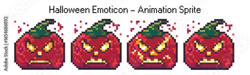 Red angry pumpkin character pixel art. Halloween emoticon face with mad expression. Burning chat avatar with feeling and emotion animation spritesheet for gif or sticker. Simple pixelart sprite.