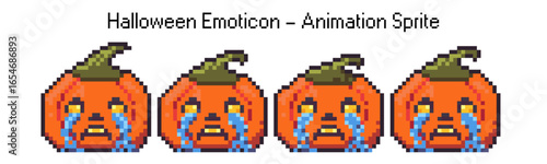 Sad Halloween pumpkin character pixel art vector. Cry emotion expression for game or sticker. Chat avatar with feeling and mood in creative style. 2d video gif animation sprite 8bit element.