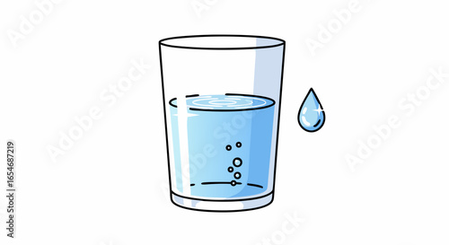 Minimalist Illustration of a Glass of Water with a Droplet and Bubbles Showing Clarity and Freshness