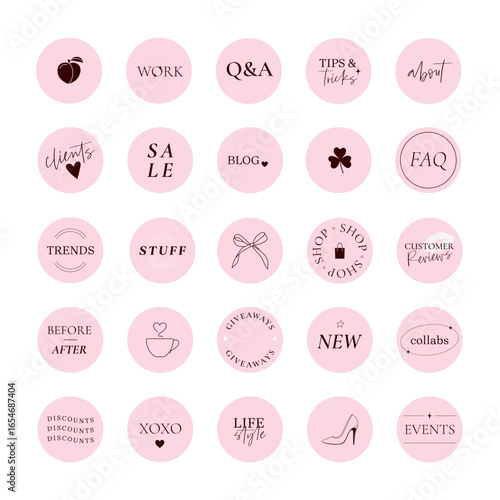Beauty and fashion social media highlight covers with text. Icons for store and blog