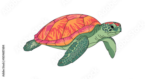 Colorful Sea Turtle Illustration with Vibrant Shell Patterns and Detailed Flippers Suitable for Educational and Creative Projects