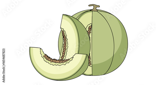 Illustration of Fresh Green Melon with a Slice Cut Out Displaying Juicy Interior for Healthy Fruit Consumption