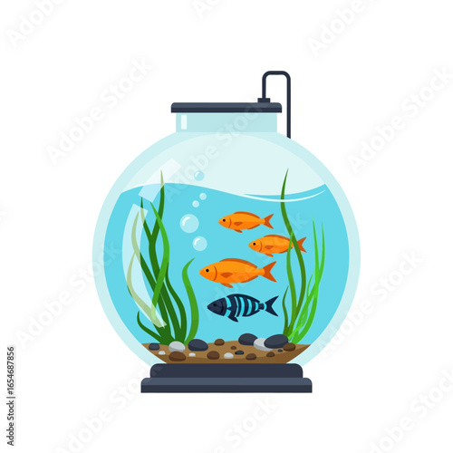 Cartoon fishbowl with goldfish and decorative plants, isolated vector illustration on white background